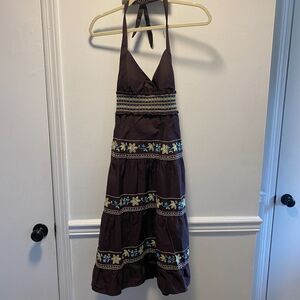 Trixxi Brown Floral Embroidered Halter Sundress Size 5 Smocked Boho Festival
